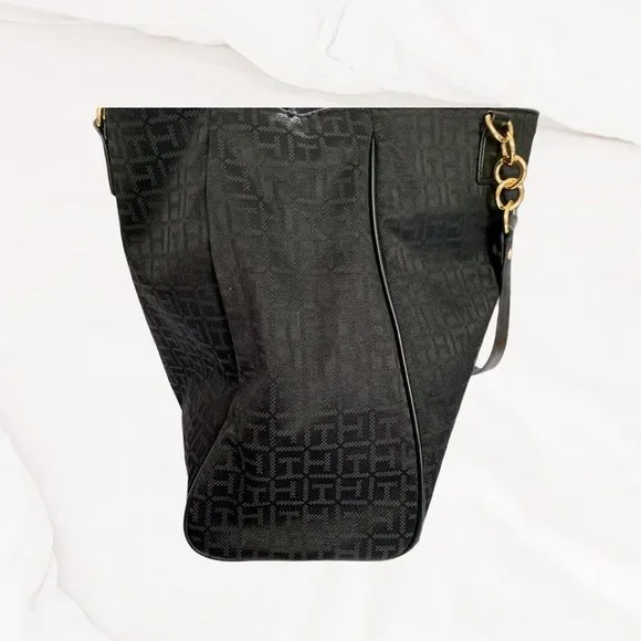 Tommy Hilfiger, Large, Black, T H Motif, Cloth Tote, Chain Handle - Picture 14 of 16